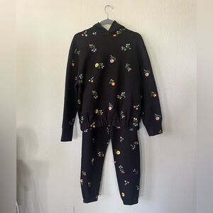 URLAZH Black Floral Embroidered Two Piece Loungewear Sweatsuit Women’s Size S
